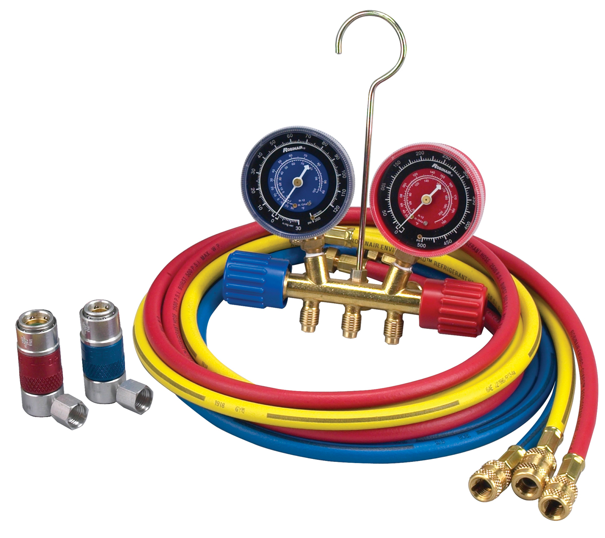 Robinair 40174 Two Way Brass Manifold with 60 RYB Hoses For R22/404A/410A Refrigerant SPX Industrial Robinair 40174 Two Way Brass Manifold with 60 RYB Hoses For R22/404A/410A Refrigerant SPX Industrial